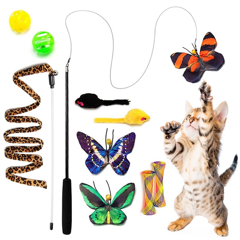 AWOOF Butterfly Cat Wand Cat Toys Set, Realistic Crinkle Catnip Butterflies Kitten Toys with Retractable Interactive Cat Wand 11 PCS Cat Toys for Indoor Cats - Image 1